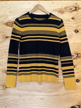 Brooks Brothers Striped Merino Wool Sweater Med Yellow Navy Rib Crewneck Knit